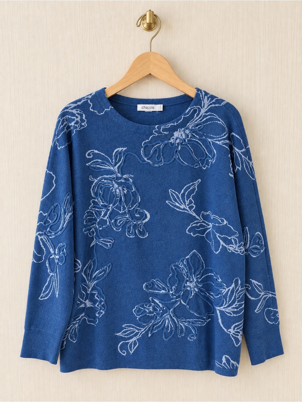 Chico’s Women’s 3 / XL Blue Floral Embroidered Knit Sweater Long Sleeve Pullover